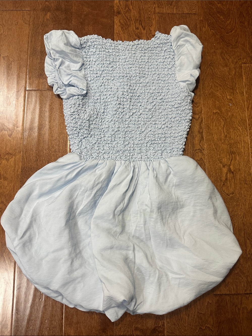 Aritzia Light Blue Smocked Puff-Sleeve Mini Dress